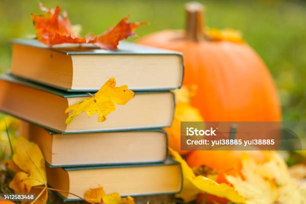 Study And Education Conceptautumn Booksback To School Halloween Books Autumn Readingstack Of Bookspumpkins On The Autumn Garden Background Stock Photo - Download Image Now