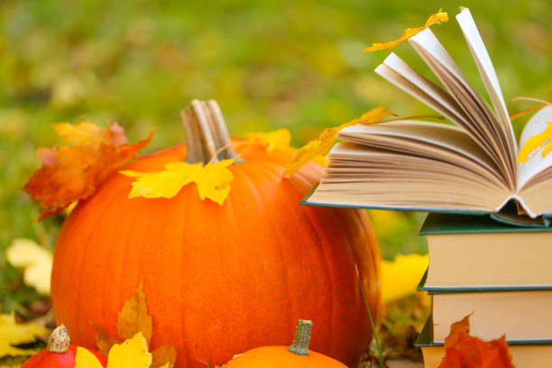 istock Study and education. back to school. Autumn books.Halloween books. Autumn cozy reading.Stack of books,pumpkins on the autumn garden background 1412583491