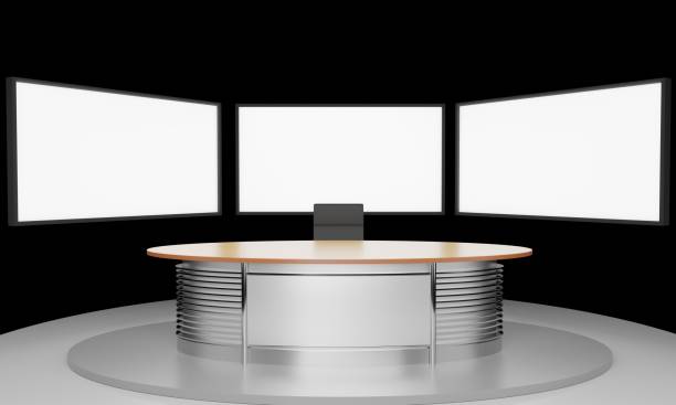 istock wood table and lcd background in the news studio room.3d rendering. 1412583610