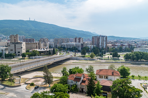 Skopje, North Macedonia - June 5, 2022: Panorama of Skopje city from the fortress.