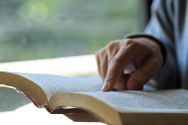 primer plano de las manos del hombre cristiano mientras leía la biblia afuera. lecturas dominicales, educación bíblica. concepto de espiritualidad y religión. leer un libro. - female meditating human hand christianity fotografías e imágenes de stock