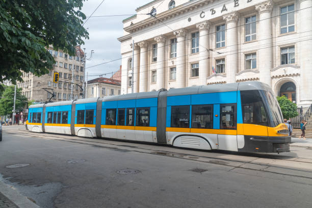 Blue and yellow Pesa tram roduced by Polish company. stock photo