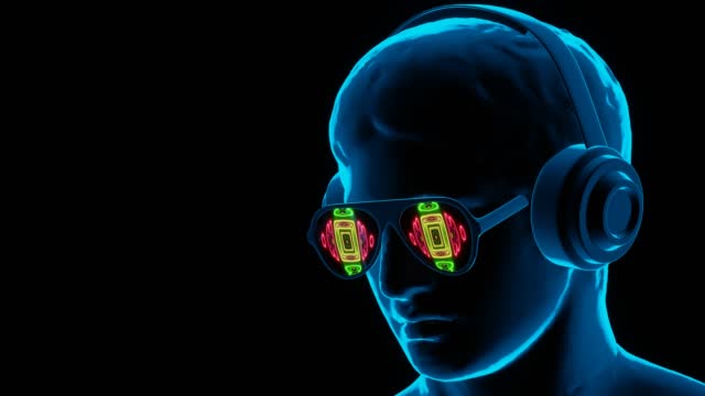 Antique sculpture in glasses and headphones in neon light