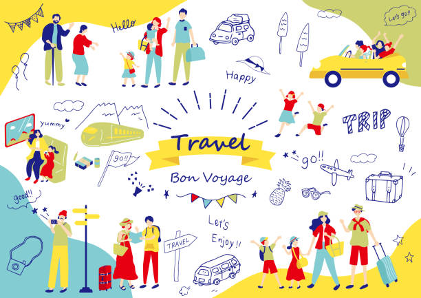 zestaw ilustracji ikon podróżujących i osób - women travel tourist suitcase stock illustrations
