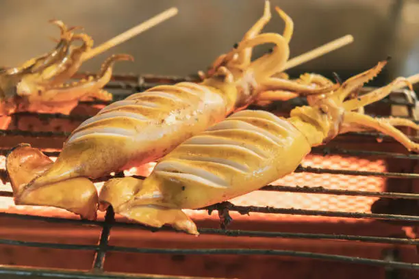 Street food, delicious hot fire grilled squid.