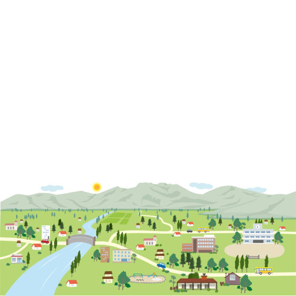 пейзажная фоновая иллюстрация с горами, реками и городами - rural town stock illustrations