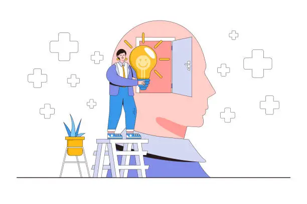 Vector illustration of Positive thinking mindset, optimistic or good attitude bring success to work, always have solution in mind for any issues concepts. Businessman insert bright lightbulb with smile symbol into his head