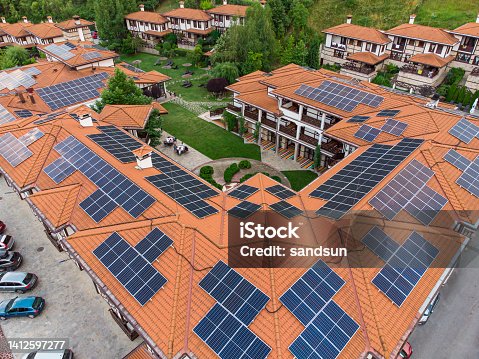 istock Luxury hotel With Solar Panels on the roof, aerial view 1412597277