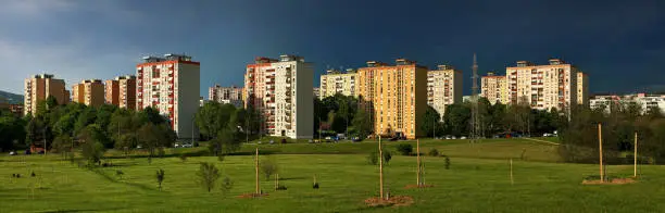 Ex-soviet concrete block houses in panorama view, eastern-europe Pecs, Hungary