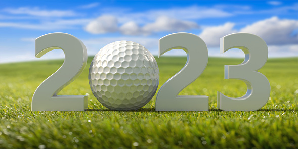 Golf 2023. New year number with golfball on grass field, fresh green lawn sport terrain, blue sky background. 3d render
