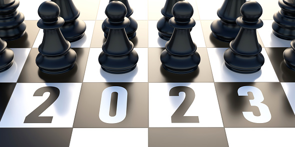 2023 Happy New Year. Number on chessboard. Chess pieces close up. 3d render