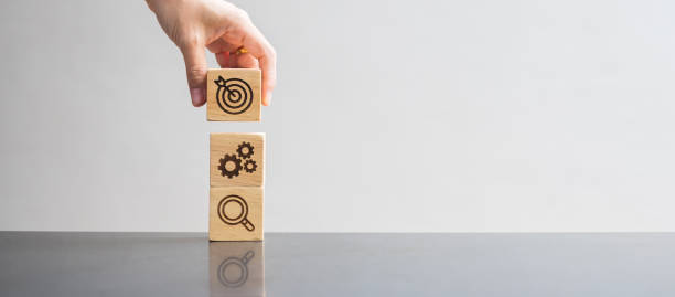 istock wood block with business goal, strategy, target, mission, action, objective, teamwork, brainstorm and idea concept 1412601326