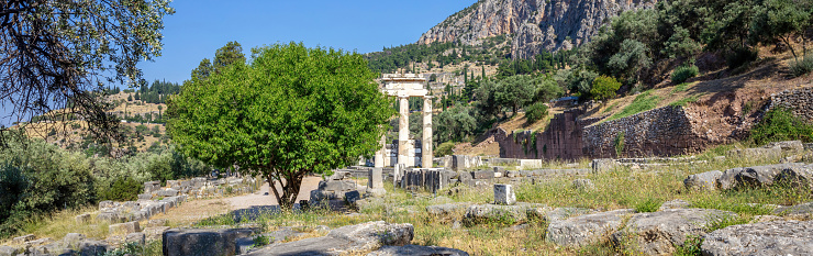 Delphi Greece, Archaeological Site. Ancient Greek considered Delfi as the centre of the world. Temple stone and columns ruins