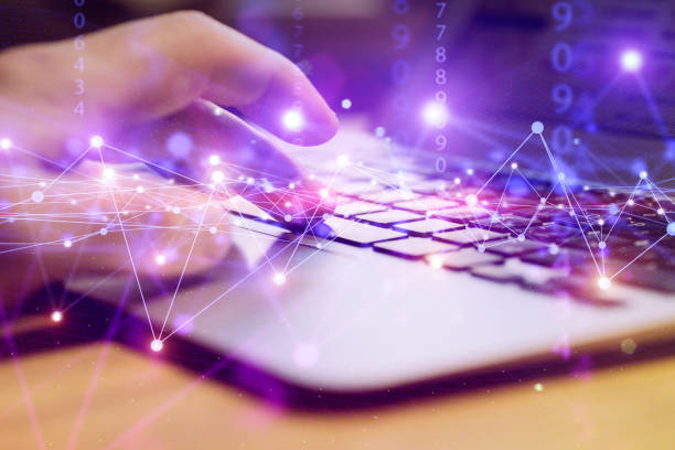 istock Big data technology background. Using a laptop against the background of visualization of a computer internet network, social connection, analytics, information. 1412601611