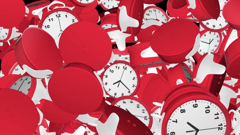 4K 3D Animation of multiple stop clocks falling and moving fast loop background. time passing fast concept
