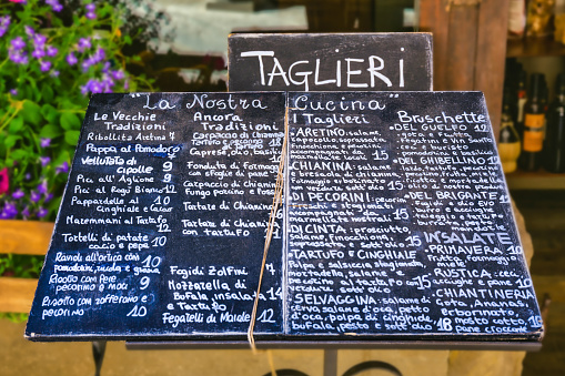 Italian restaurant menu board in Tuscany