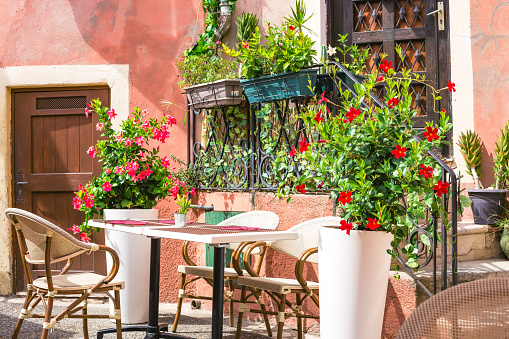 Charming sidewalk Cafe in Roquebrune, French Riviera, France