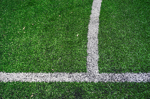 Freshly painted white soccer stripes on green grass