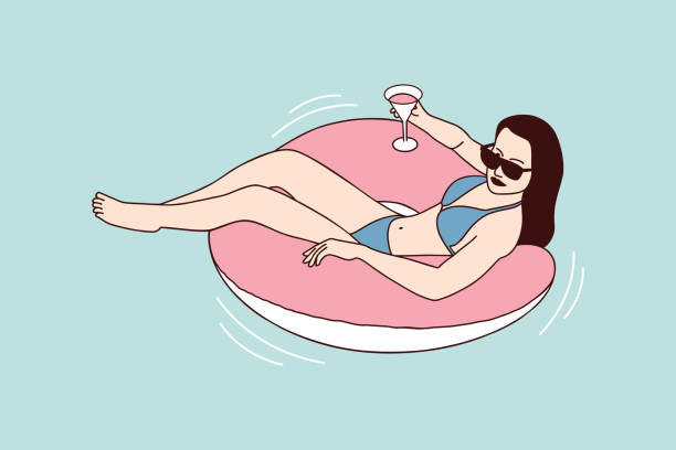 illustrazioni stock, clip art, cartoni animati e icone di tendenza di illustrazioni di bella donna godersi l'estate su una piscina gonfiabile con un cocktail - white pink flamingo blue