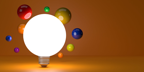 Big bright Ideas concept: Many small spherical objects reflecting as a team the light. Isolated 3D rendering lamp bulb in minimalist illustration design on large blank orange background with copy space and clipping path. Brainstorming, business teamwork, AI template.