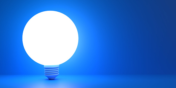 Big bright Ideas concept: Isolated 3D rendering lamp bulb in minimalist illustration design on large blank blue background with copy space and clipping path. Brainstorming, business teamwork, AI template.