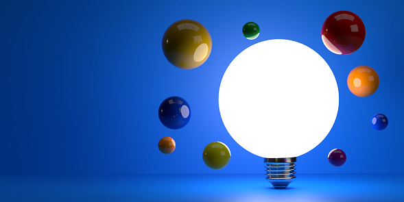 Big bright Ideas concept: Many small spherical objects reflecting as a team the light. Isolated 3D rendering lamp bulb in minimalist illustration design on large blank background with copy space and clipping path. Brainstorming, business teamwork, AI template.