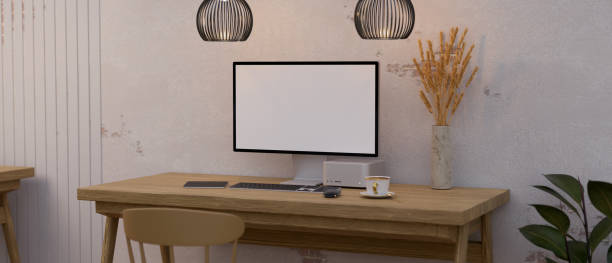 istock Minimal classic vintage home workspace with PC desktop computer on wood table 1412613084