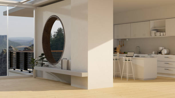 istock Modern minimal spacious white apartment corridor with kitchen cooking space and relaxing area 1412613268