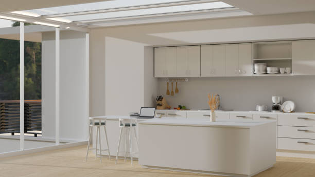 istock Modern luxury spacious home apartment kitchen interior design in white style with kitchen appliances 1412613291