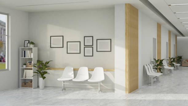Modern minimal hospital or health care clinic corridor and waiting room interior design Modern minimal hospital or health care clinic corridor and waiting room interior design with waiting chairs and decors. 3d rendering, 3d illustration waiting room stock pictures, royalty-free photos & images
