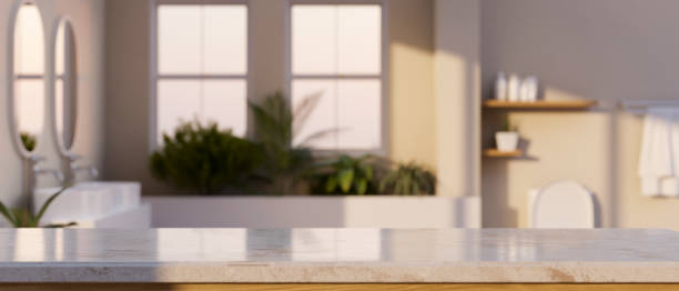 istock Luxury white marble bathroom tabletop over blurred modern elegance bathroom in the background. 1412613319