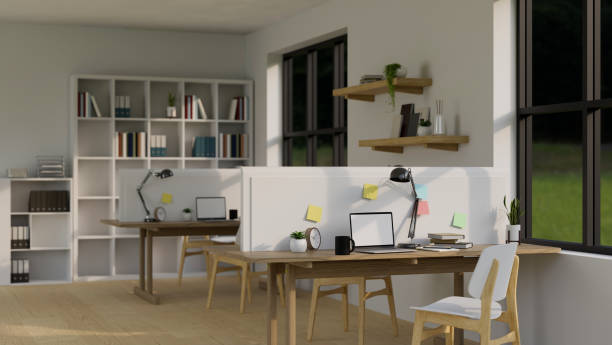 istock Modern minimal office co-working space interior design with minimal office desk and office supplies. 1412613453