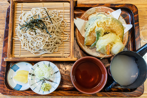 A traditional-style Japanese soba lunch set at a restaurant including tempura.