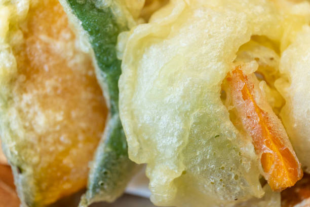 A tight shot of Japanese tempura vegetables.