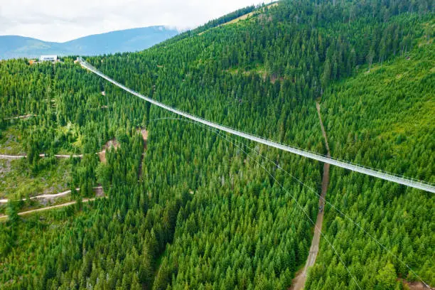 Sky Bridge 721 is the longest suspension bridge between two hills in the forest, Dolni Morava, Czech Republic . One way footbridge in touristic place in the forest in summer.