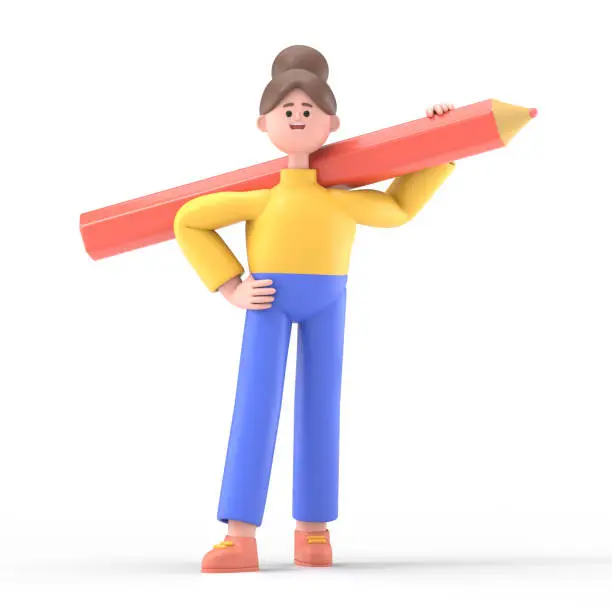 Photo of 3D illustration of smiling woman Angela holding a big pencil. Cute cartoon writing with a huge pen,3D rendering on white background.