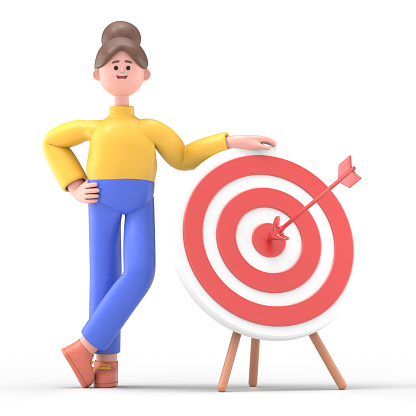 3D illustration of smiling woman Angela standing holding dart board with direct hit on target meaning goal achievement.Marketing strategy and purpose concept.