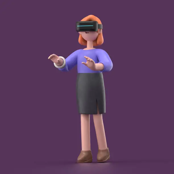 Photo of 3D illustration of smiling businesswoman Ellen in a Virtual Reality playing with future technology. 3D rendering on purple background.