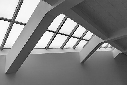 A row of sloping skylights that let in sunlight