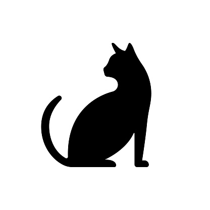 Black Cat with Tail Silhouette Icon. Cute Kitten Sitting Glyph Pictogram. Pet Kitty Simple Flat Symbol. Mammal Animal Pussycat. Cat Profile Side View Veterinary Logo. Isolated Vector Illustration.