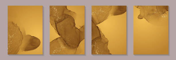 istock Watercolor background with abstract yellow ink waves and golden splashes. 1412616665