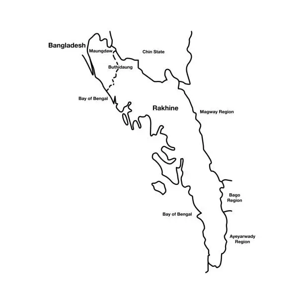 Vector illustration of Rohingya Crisis Rakhine State Myanmar outline map. Editable Vector EPS Symbol Illustration.