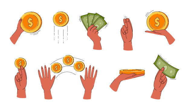istock Finance illustration set. Sign hand holding coins. Money transfer, receive, hold concept. Vector flat illustration. 1412616834