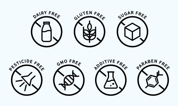milchfrei, glutenfrei, pestizidfrei, gentechnikfrei, zusatzstofffrei, paravenfrei - zuckerfrei stock-grafiken, -clipart, -cartoons und -symbole