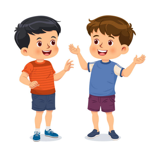 dwaj mali chłopcy dobrze się bawią rozmawiając razem. postacie z kreskówek wektor izolowany na białym tle - little boys child offspring young adult stock illustrations