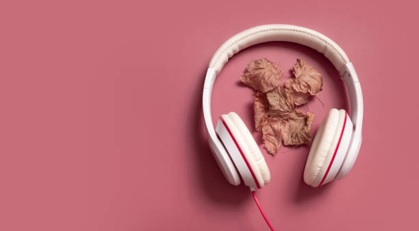 Fall flat lay composition with realistic leaves and white headphones on pink background. Autumn podcast background. Autumn playlist concept.