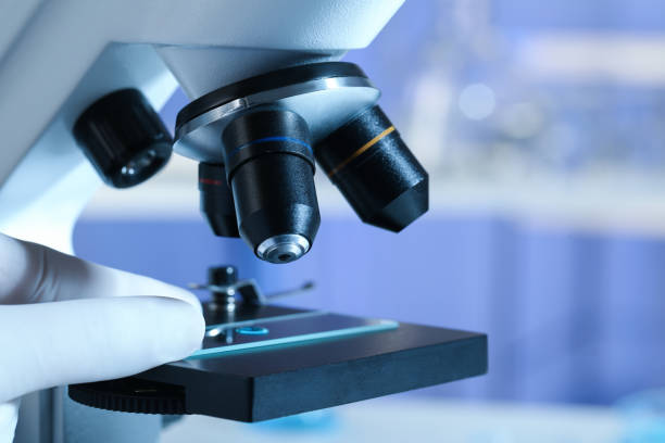 istock Scientist examining sample of light blue liquid on slide under microscope in laboratory, closeup 1412619586