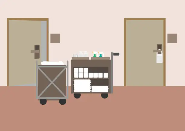 Vector illustration of Cleaning cart in the hotel corridor