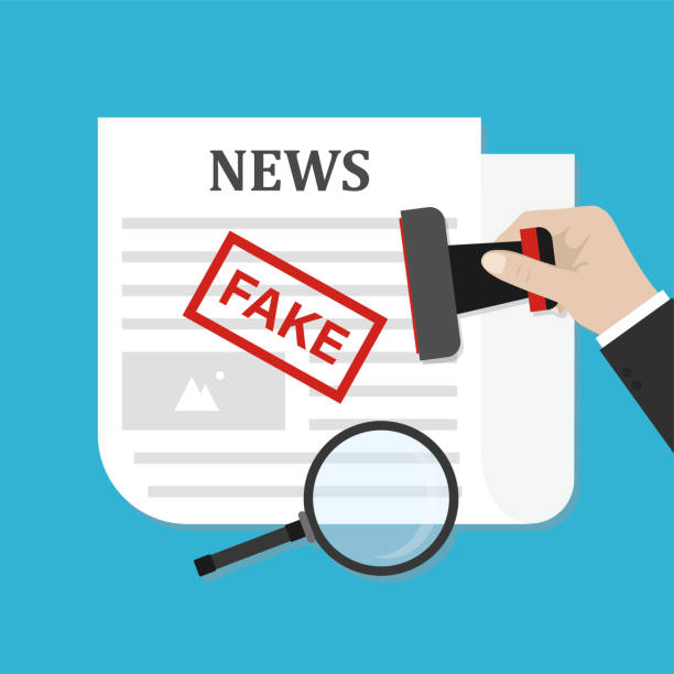 ilustrações de stock, clip art, desenhos animados e ícones de newspaper with fake news. customer hand holds seal and puts red stamp - fake. social media with propaganda or hoax. reader found lie in the press. cartoon design template. - newspaper the media article backgrounds