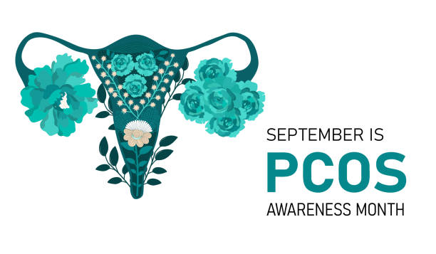 Polycystic ovary syndrome month banner Horizontal illustration with uterus. hormone therapy stock illustrations